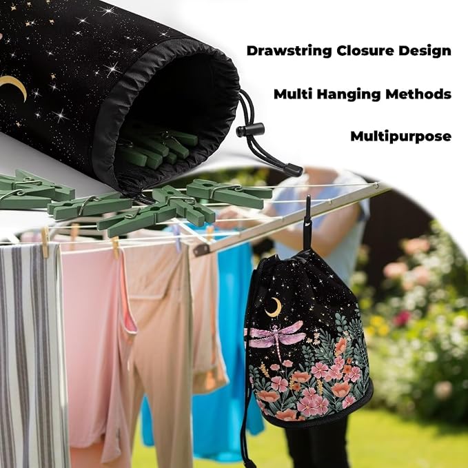 Dragonfly Floral Clothespin Storage Bag Drawstring, Laundry Peg Organizer Pouch with Metal Button for Hanging, Portable Clips Holder for Drying Rack, Camping, Dorm