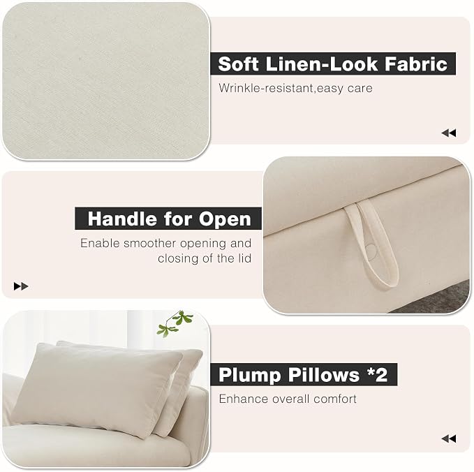 End of Bed Storage Bench King Size,51" Upholstered Bedroom Bench,Beige | Linen Storage Bench for Bedroom End of Bed ,2 Cushion, Vintage Wood Legs ,Tufted,Storage Ottoman Bench for Entryway Window