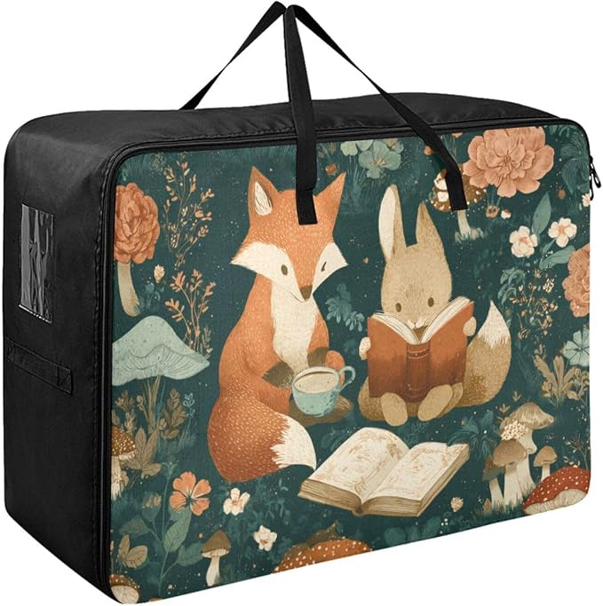 Comforter Storage Bags Large Folding Blanket Organizer Bag with Strong Handles Clear Window Closet Storage Containers for Clothes King Queen Pillows Bedding Quilt Duvet Fox Bunny Mushrooms Gree