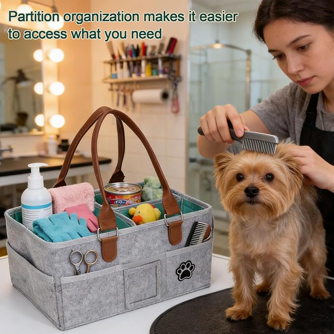 Felt Dog Grooming Bag, Pet Portable Tote Bag with Handle, Dogs Storage Organizer, 3 Compartments Caddy with 8 Pockets, Ideal for Dog Cat Grooming Tool Kit/Diaper/Blanket/Pads-Gray