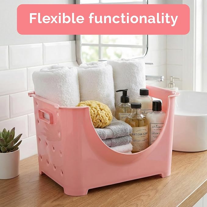 Basicwise Stackable Plastic Storage Container Stacking Bins, Pink (QI003215P)