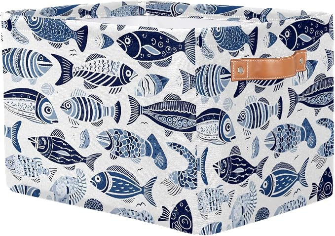 Ethnic Sea Fish Rectangular Storage Bin Collapsible Storage Basket Organizer Boxes with Leather Handle Storage Cube for Shelves Toy Laundry Nursery 1 PC