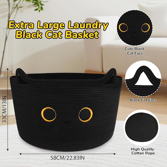 Large Black Cat Basket for Nursery,Cute Cat Woven Laundry Blanket Cotton | Rope Extra Storage Basket with Handles, 0rganize Decorative Gifts for Towels Pillow Clothes Hamper Toy Bin,23"D×13"H