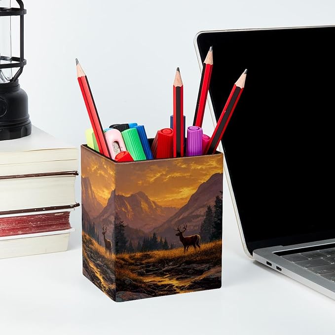 Sunset and Deer Pen Holder for Desk Decor, Rectangular PVC Leather Pencil Cup for Desk Pen Organizer, Makeup Brush Holder for School, Home, Office