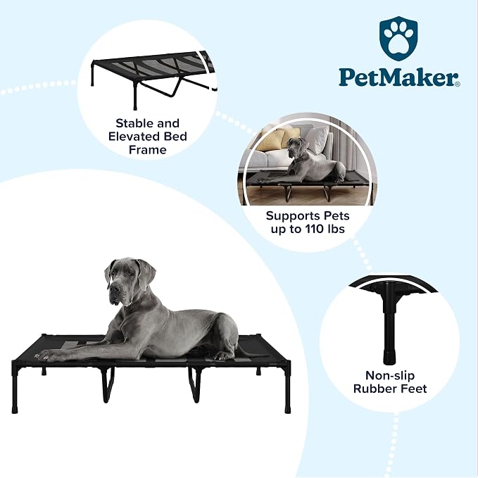 Elevated Dog Bed - 48x36-Inch Portable Pet Bed with Non-Slip Feet - Indoor/Outdoor Dog Cot or Puppy Bed for Pets up to 110lbs by PETMAKER (Black)