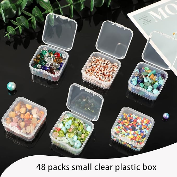 SATINIOR 48 Packs Clear Small Plastic Containers Transparent Storage Box with Hinged Lid for Items Crafts Jewelry (1.7 x 1.7 0.79 Inches)