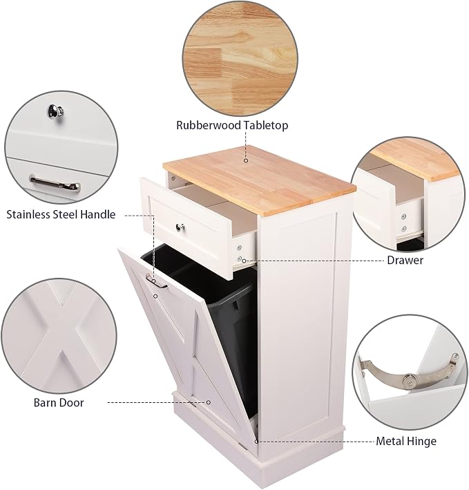 TOLEAD 10 Gallon Tilt Out Trash Can Cabinet Wooden Hidden Trash Cabinet with Solid Wood Top & Drawer, Farmhouse Kitchen Garbage Bin Enclosure Pet Proof Laundry Hamper for Kitchen, Bathroom White