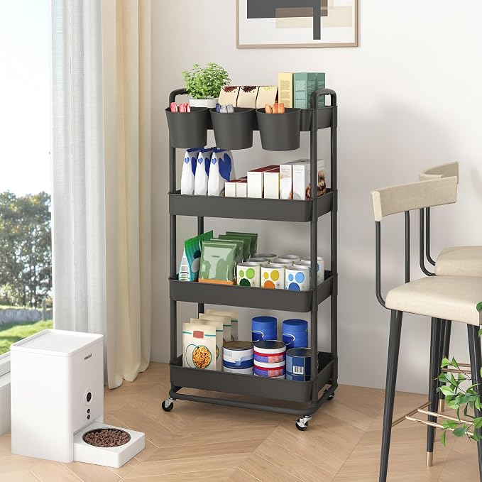 4-Tier Plastic Rolling Storage Cart Utility Cart with Extra Hanging Cups Handles Lockable Wheels for Living Room Bathroom Kitchen Office Black | Utility Cart with Extra Hanging Cups Arc-Shaped Handles Lockable Wheels for Living Room Bathroom Kitchen Of...