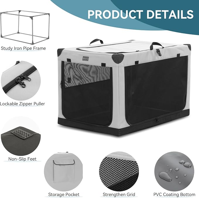 PETSFIT 26" Soft Portable Dog Crate – Patented Spiral Sturdy Frame, Collapsible Travel Kennel for Small Dogs, 3 Mesh Door, Lockable Zippers, Indoor & Car Use Gray