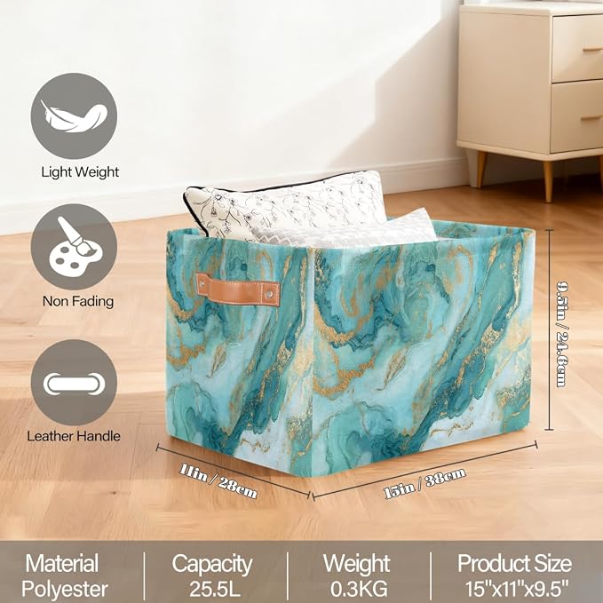 Pardick Storage Baskets Bin, Light Blue Marble Collapsible Canvas Fabric Storage Bin Decorative Baskets Toy Organizer Rectangle Storage Boxes with handles for Home Shelves Nursery,1Pack,C-02
