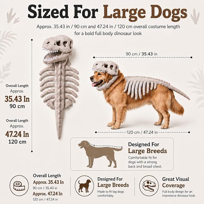 Pet Dinosaur Costume Spinosaurus Skeleton Skull Mask Plush Spine Large Dogs | Soft Lightweight Headpiece with Raised Back Ridge and Tail Suited to Halloween Cosplay Parties Photos Birthdays Large Breeds