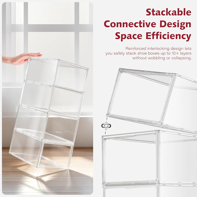 12 Pack Clear Shoe Storage Boxes Stackable, Large Sneaker Organizer | Acrylic Magnetic Door, Plastic Drop Front Shoe Containers for Men up to Size 12.5, Transparent Shoe Organizer for Closet