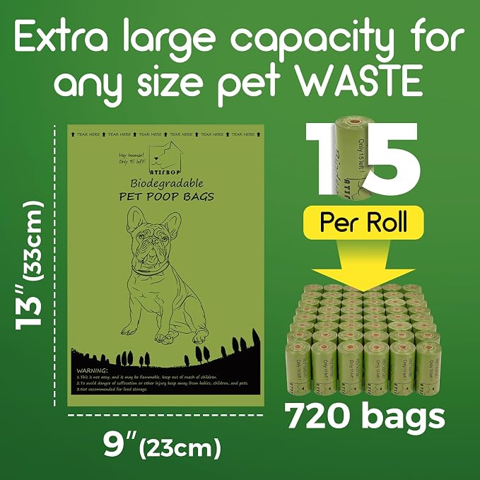 ATIFBOP Biodegradable Dog Poop Bags 720 Count, 48 Rolls Lemon Scented | Strong & Extra Thick 9×13 Inch Refill Bags for Dog Walks, Cat Litter Cleanup, Baby Diaper Disposal & Everyday Carry