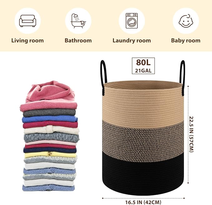 OIAHOMY 80L Nursery Hamper Laundry Basket Laundry Hamper Yellow/Black | collapsible Blanket Basket Cotton Rope Woven Basket Dirty Clothes Hamper Baby Hamper Tall Clothes Hamper with Handles