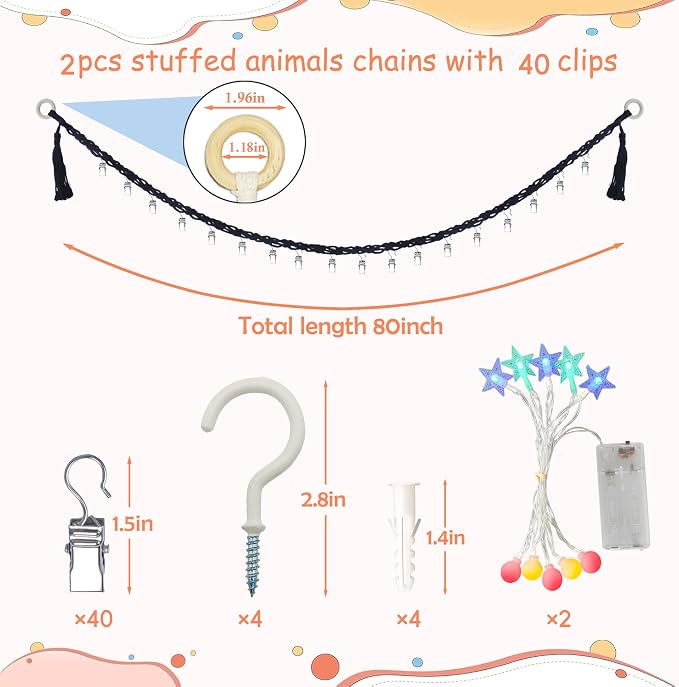 2PCS Stuffed Animals Storage Chain Organizers 80" Cotton Hanging Storage Chain with 40 Metal Clips Stuffed Animal Display Holder Chain for Wall or Corner Nursery Play Room (Black)