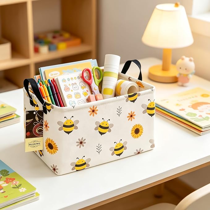 Rectangle Foldable Storage Basket Handles For Home, Bee | Waterproof canvas material, reinforced handles, perfect for shelf use, organizes clothes, daily items and pet supplies