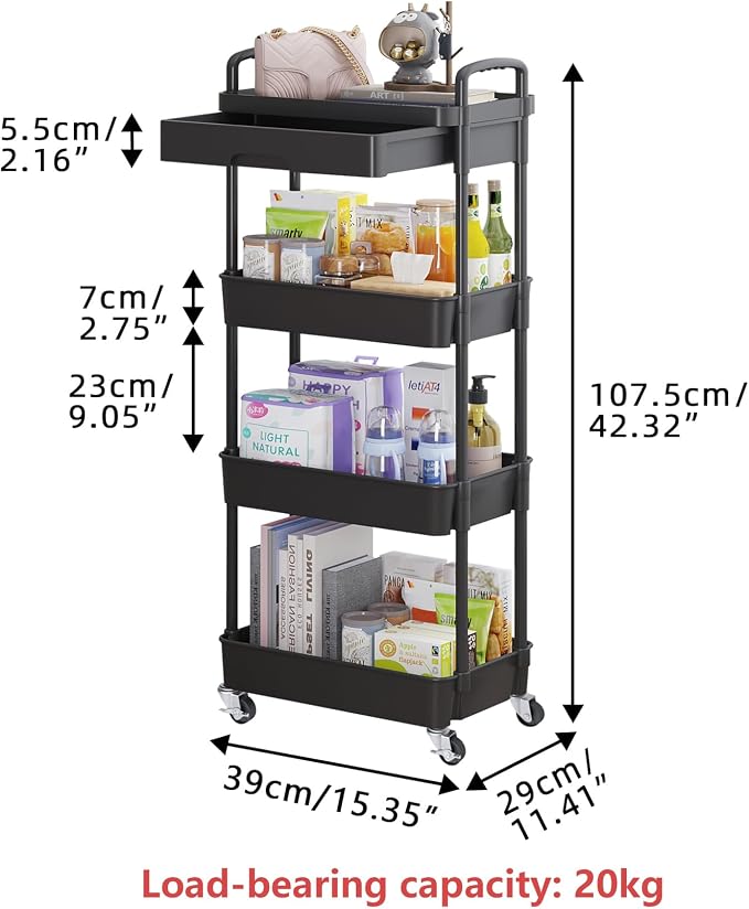 Calmootey 4-Tier Utility Cart with Drawer & Wheels, Storage for Home,Office | Space-Saving Organizer, Sturdy Plastic Shelves, Smooth-Rolling Metal Wheels, Built-in Drawer for Small Items, Black