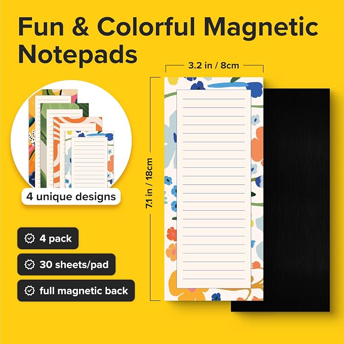 X-bet MAGNET Magnetic Notepads for Fridge, 4 Pads x 30 Sheets, Grocery List | Tear-Off Grocery & Shopping List Pad with Magnetic Backing, Sticks to Fridge for Notes, Reminders & To-Dos