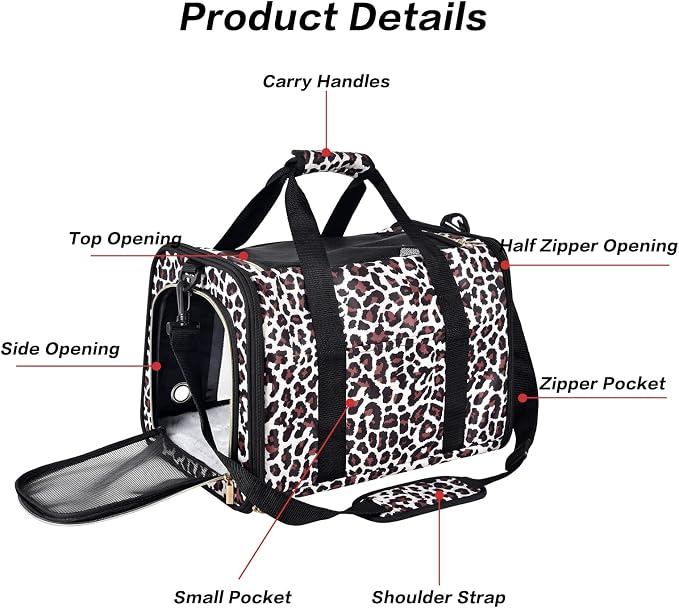 Petmolico Cat Carrier Soft-Sided Airline Approved, Medium, Medium, Leopard | For small/medium cats & puppies up to 16 lbs, 3 open doors, travel-friendly pet bag