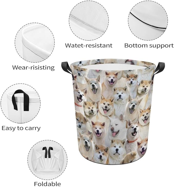 Funny Akita Face Print Laundry Basket, Cute Pet Dog Laundry Hamper, Dirty Clothes Basket for Akita Lover, Waterproof Laundry Baskets for Bedroom Bathroom, Gifts for Akita Mom Dog Owner