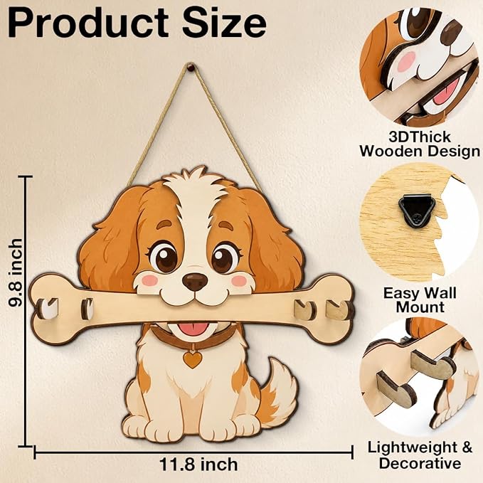 Dog Leash Holder for Wall, Cute Dog Leash and Key Organizer, Cute Puppy Wooden Key Holder Wall Mount with 4 Keys Hooks for Collars, Entryway Garage Living Room Kitchen Mudroom