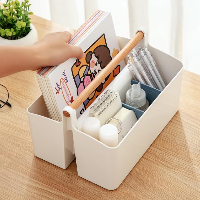 Vidifor Large Portable Basket with Handle, Plastic Craft Storage Organizer Caddy Tote with Adjustable Divided for Makeup Art Supplies, Sewing, Colored Pencils-Blue
