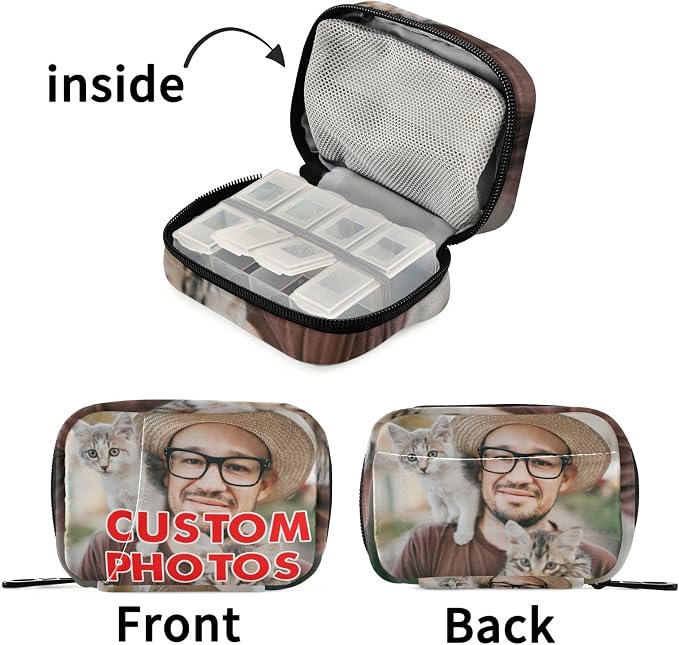 Custom Pill Bag with Photo Personalized Pill Box 7 Day Pill Case Travel Pill Organizer Bag with Zipper Portable Weekly Case Compact Size for Vitamin Supplement Holder