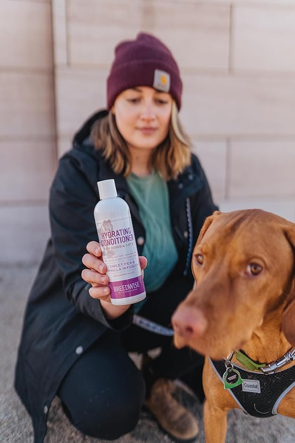 Breedwise Dog and Cat Conditioner - Moisturizing Hypoallergenic Formula for Sensitive Skin - Detangling & Smoothing Pet Cream - Sweet Pea & Vanilla Scent - 12oz - Made in USA