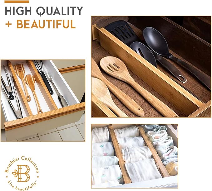 4-Pack Drawer Dividers 2.6-Inch High Dresser Drawer Organizer 16 to 22 Inch | Bamboo, Spring Loaded, No Tools Needed, Fits Wide Drawers for Socks, Clothes, Utensils, Bedroom, Bathroom, Kitchen, Office