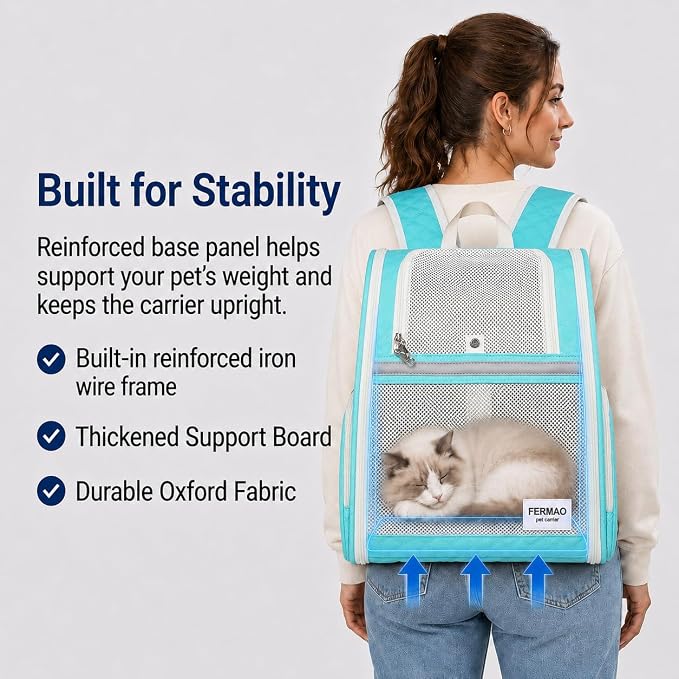 Cat Backpack Carrier for Small Dogs and Medium cat Puppy Kitten Bunny Pet Carrier Backpack Collapsible with Fully Ventilated Mesh with Safety Leash (LightGreen, 12.9" L x 10.62" W x 15.5" H - M)