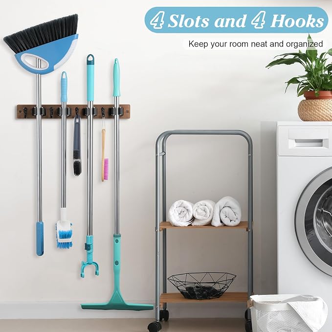 Broom Holder Wall Mount - Heavy Duty Wood Mop and Broom Organizer with 4 Slots & 4 Hooks - Garden Tool Hanger for Laundry Room Closet Kitchen Garage Storage and Organization - Modern Home Decor