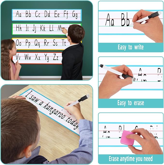 4 Sheet 14.2×4.1inch Dry Erase Magnetic Sentence Strips for Classroom Whiteboard & Fridge Handwriting Lined Paper for Home Teacher Must Haves Word Alphabet Practice Tool