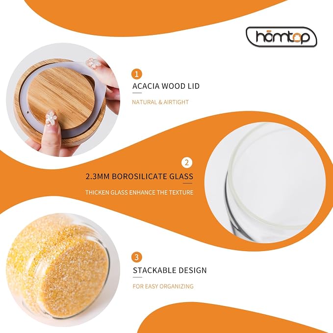 15 OZ Glass Jars with Airtight Acacia Wood Lids, 4 PCS | Kitchen Storage Container, High Borosilicate Glass Canisters for Tea, Sugar, Coffee Beans