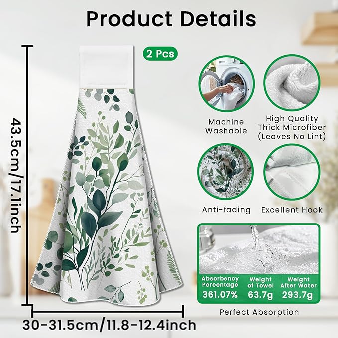 CUTHOLLOW Watercolor Green Leaves Hanging Kitchen Towels with Loop, Set of 2 - Soft & Super Absorbent Microfiber Decorative Hanging Dish & Hand Towel, Tea Coffee Towel for Kitchen Bathroom Oven Handle