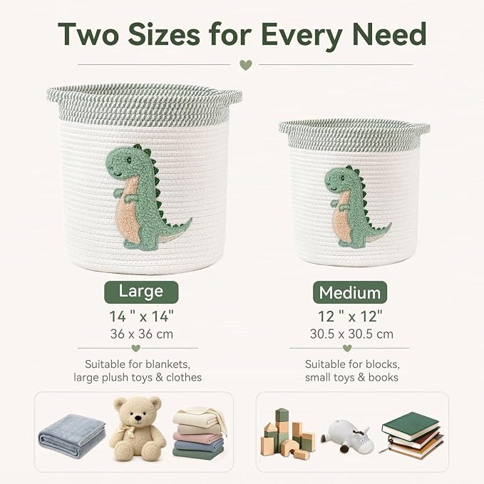 Baby Hamper Large Toy Storage Basket for Toddlers Boys, Dinosaur Room Decor | 14" x 14" Blanket Baskets for Living Room, Cotton Rope Toy Box for Stuffed Animal Storage Baby Laundry Hamper, Nursery Decor