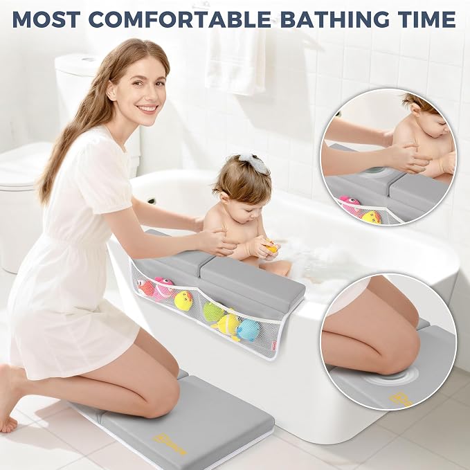 Bath Kneeler and Elbow Rest Pad Set, 1.5” Thick Bathtub Kneeling Mat | Cozy Memory Foam, Non-Slip 6 Suction Cups and 4 Toys Organizer Pockets, Quick-Dry Bath Kneeling Pad for Babies Toddlers