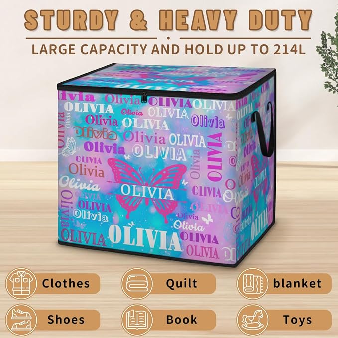 Custom Storage Baskets Cubes for Home with Name, Large Organizer Collapsible Storage Bins for Home Blanket Comforters Clothes Closet Nursery, Watercolor Pink Blue Galaxy with Butterflies