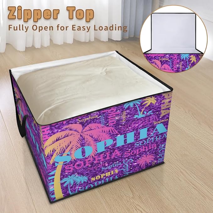 Personalized Name Large Storage Basket with Lid, Bright Purple Sequins Glittering Yellow Blue Palm Trees Storage Bins Quilt Clothes Organizer for Bedroom, Bathroom, Nursery, Shelves, Closets