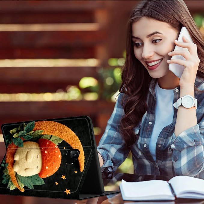 for Samsung Galaxy Tab A 10.1" 2016 SM-T580/T585/T587 Case | Slim Leather Smart Cover with Multi-Angle Anti-Slip Stand [Auto Wake/Sleep] Shell for Women Men - Orange Moon Mushroom