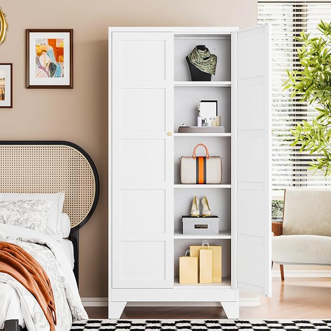 72" H Metal Storage Cabinet with 2 Doors and 4 Shelves,Tall Kitchen Pantry Cabinets,Utility Pantry Organizers for Cupboard/Dining/Bathroom/Home Office/Garage (White, 72" H x 18" D x 33.5" W)