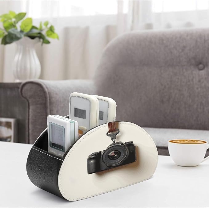 Camera Hanging on White Wall Remote Control Holder Desk Storage Organizer Box Container Remote Storage Box with 5 Compartments PU Leather Remote Caddy for Home Bedside Table Organizer