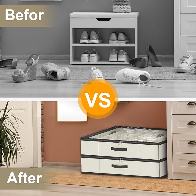 32 Pairs Shoe Organizer Under Bed, Sturdy Underbed Shoe Storage Boxes Bins, Organizador De Zapatos, Extra Large Zapateras Organizer, Beige, Set of 2