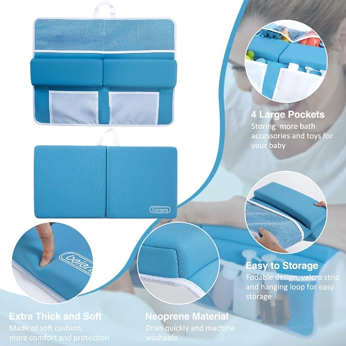 beiens Bath Kneeler and Elbow Rest Pad Set, 1.5'' Thick Quickly Dry Kneeling Pad and Elbow Support, Support Large Baby Bathtub Bath Mat Kneeling Pad with Toy Organizer for Baby Bathing Time (Blue) | Quick-dry Non-slip Bathtub Kneeling Pad with 6 Suctio...