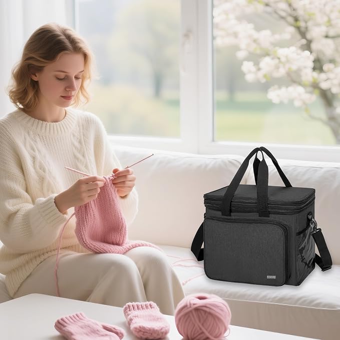 Teamoy Crochet Bag, Knitting Bag Yarn Storage Tote, Yarn Organizer, Black | Yarn Holder for Crocheting, with Inner Divider and Cover, for Yarn Skeins, Project, Knitting Needles, and Crochet Supplies