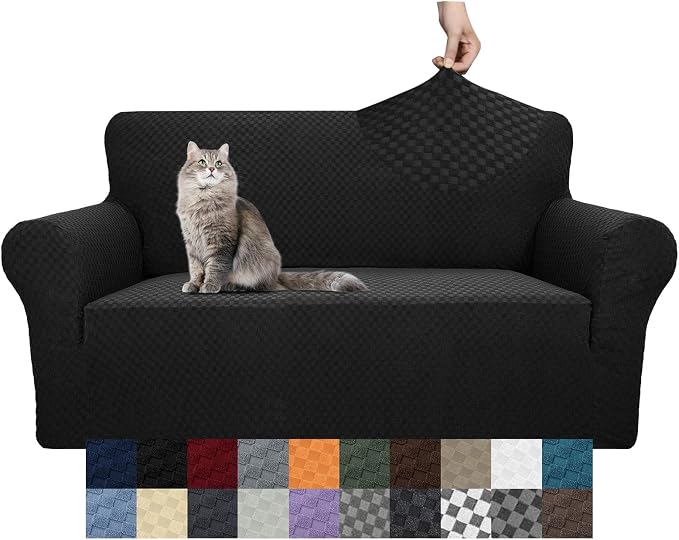 YEMYHOM Couch Cover Latest Jacquard Design High Stretch Sofa Covers for 2 Cushion Couch, Pet Dog Cat Proof Loveseat Slipcover Non Slip Magic Elastic Furniture Protector (Medium, Black)