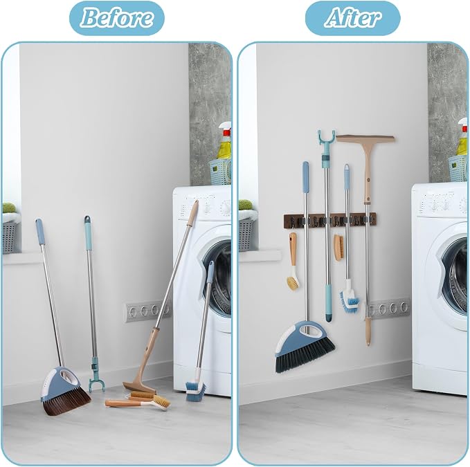 Broom Holder Wall Mount - Heavy Duty Wood Mop and Broom Organizer with 4 Slots & 4 Hooks - Garden Tool Hanger for Laundry Room Closet Kitchen Garage Storage and Organization - Modern Home Decor