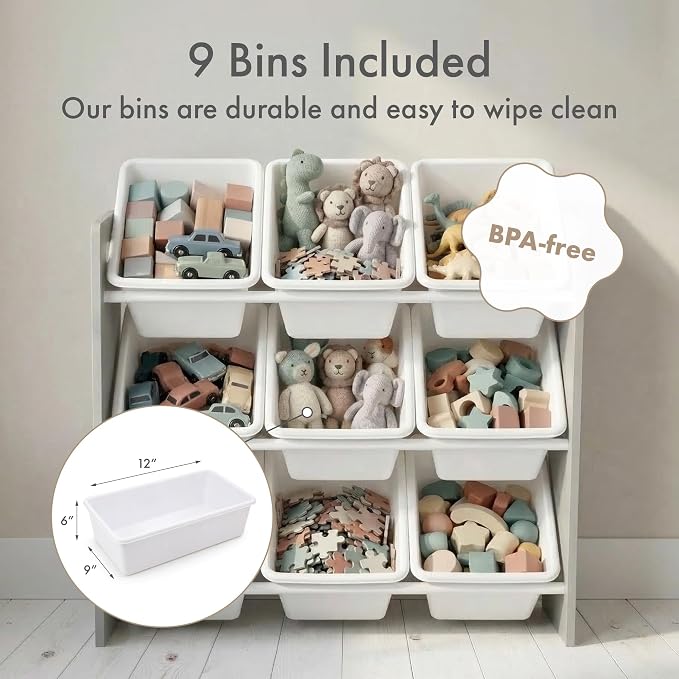 Humble Crew Kids Toy Organizer with 9 Bins, 3 Tier Storage for Playroom | Sturdy wood and steel toddler shelf, removable BPA-free containers, wall anchor anti-tip safety kit for bedroom or classroom