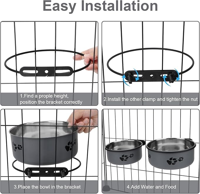 Stainless Steel Dog Crate Bowls Hanging No Spill 2 PCS - Adjustable Mountable Kennel Bowls for Medium/Large Dogs, Anti Spill Water & Food Bowl Set (Gray, M(5.5"+6.3"))