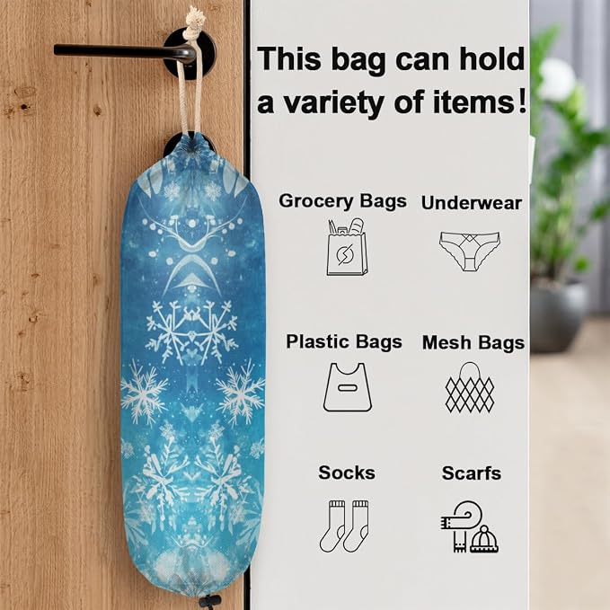 Winter Snowflakes Plastic Bag Holder Snow Blue Grocery Bag Storage Dispenser Washable Hanging Shopping Bags Carrier Reusable Wall Mount Trash Bag Organizer for Kitchen Pantry