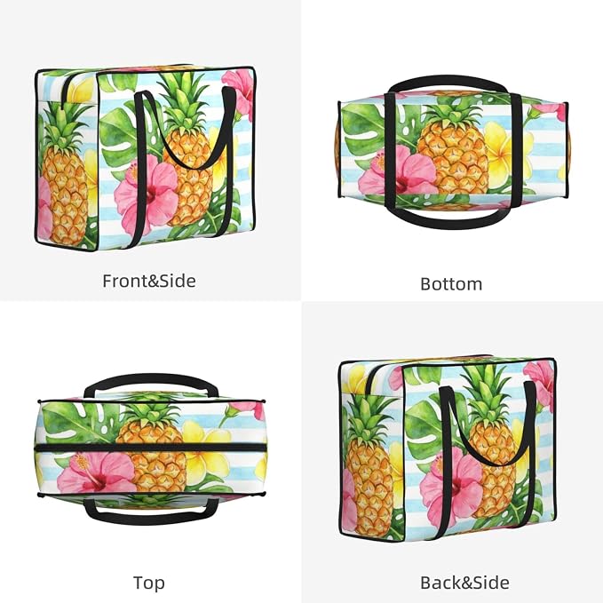 Heavy Duty Packing Bags Pineapple With Tropical Flowers On Blue Stripes, Waterproof Collapsible Storage Organizer Bags with Reinforced Handles for College Dorm and Moving